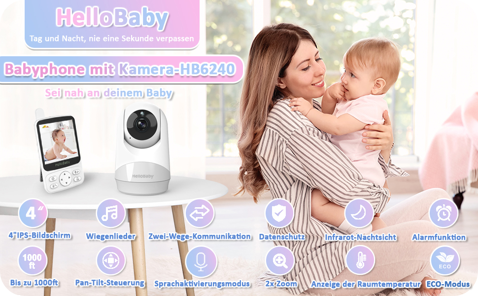 Відеоняня HelloBaby з камерою, до 29 годин роботи від акумулятора, кут огляду 318°/120°, 2x зум, інфрачервона нічна зйомка, ECO-режим, до 300 метрів, двостороння зв'язок