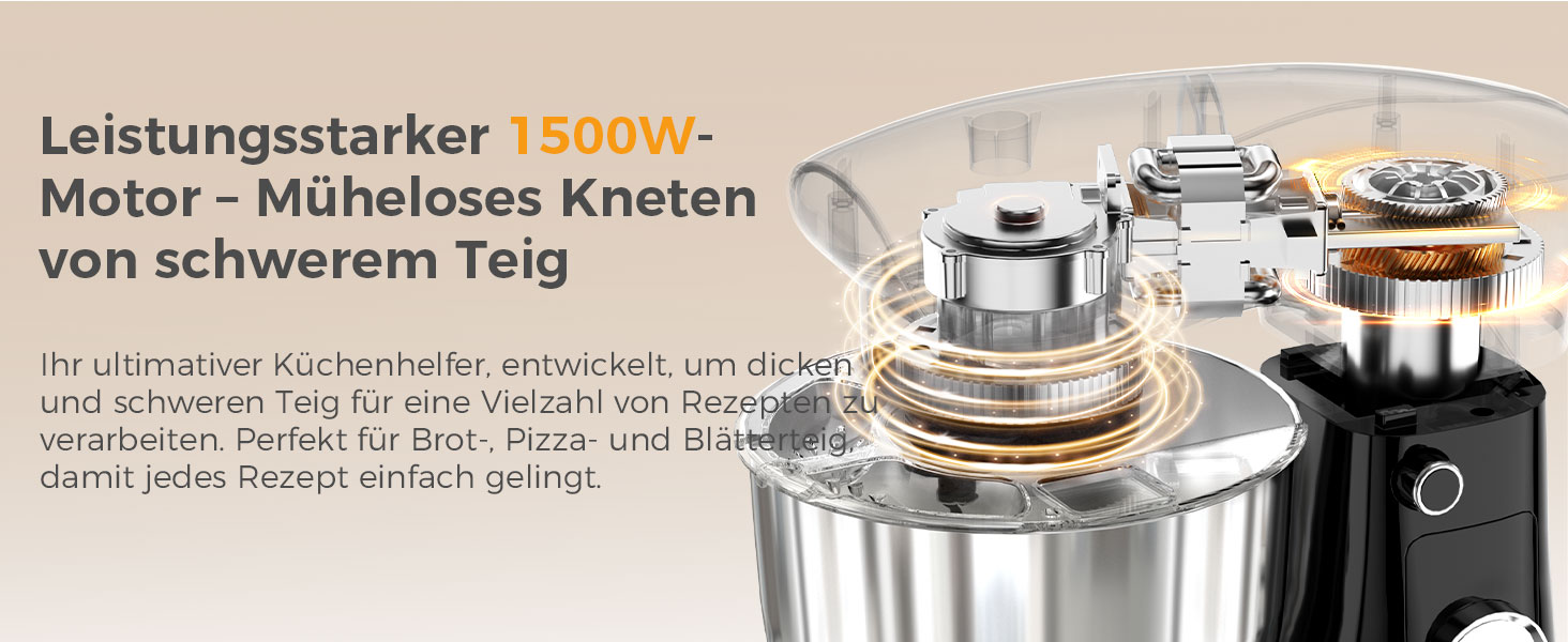 Кухонна машина YASHE 1500W з чашами 4.5 та 5L, 10+ швидкостей, нахильний корпус, гак для тіста, вінчик та насадка для збивання, багатофункціональна