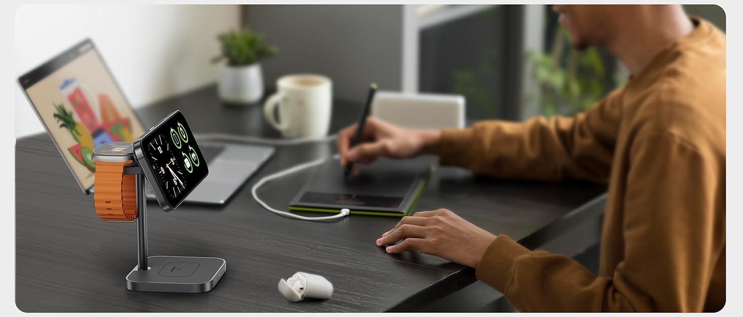 Станція зарядки LULULOOK Qi2 MagSafe 3 в 1 з алюмінію для Apple Watch та iPhone з підтримкою швидкої зарядки 15W (для iPhone 17 Pro Max/17 Pro/17 Air/17) та 5W (для Apple Watch Ultra, AirPods), титан