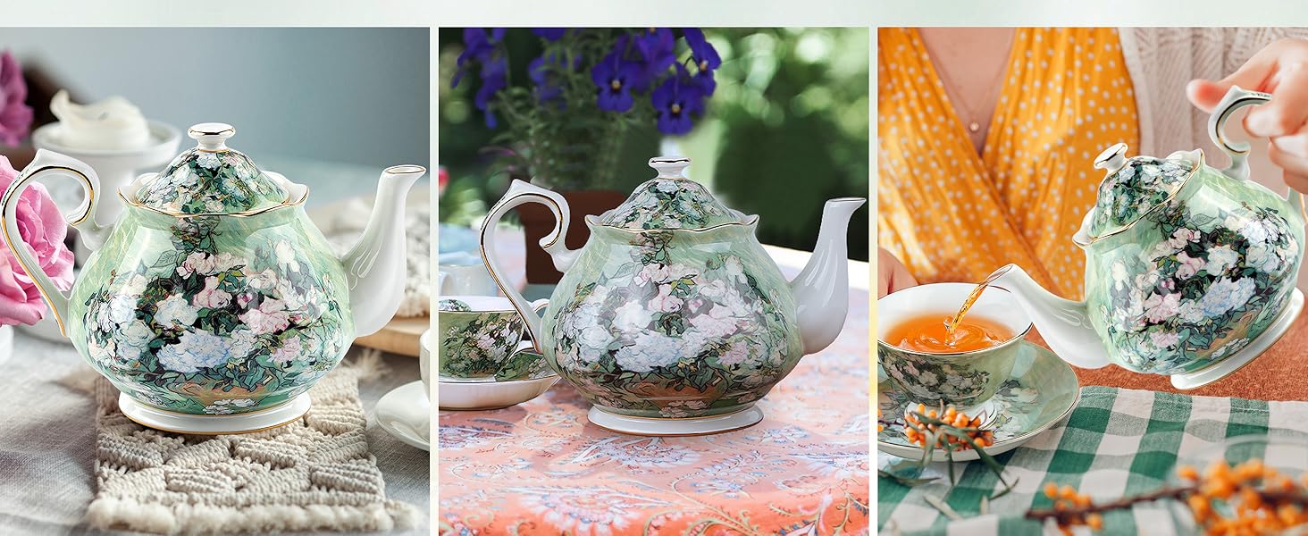 Порцелянова чайник з кістяної порцеляни 1 л Vintage Floral, біла троянда, для чаю та кави, подарунок для чайної вечірки