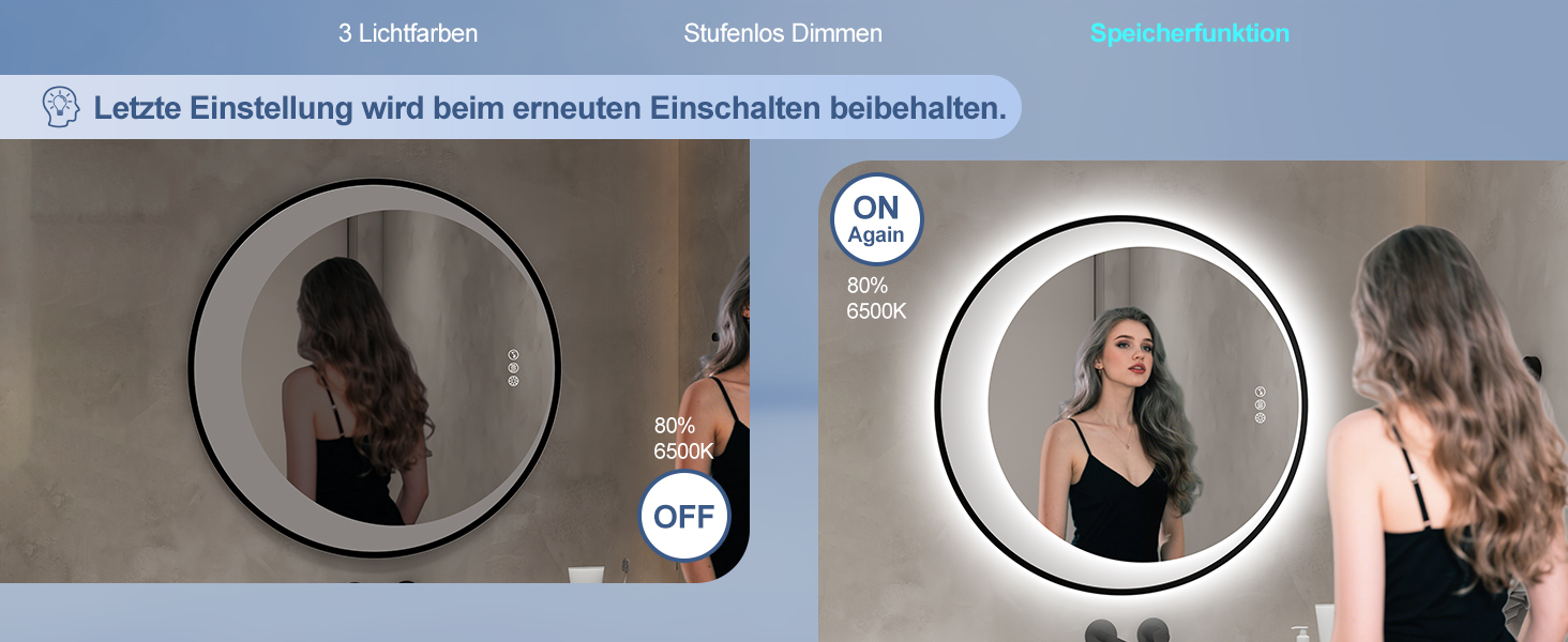 Дзеркало для ванної кімнати STARLEAD з LED-підсвічуванням 90x60 см, Bluetooth, регулювання яскравості, 3 кольори світла, протитуманне покриття, функція пам'яті, HD скло, IP44, горизонтальне/вертикальне, без рамки