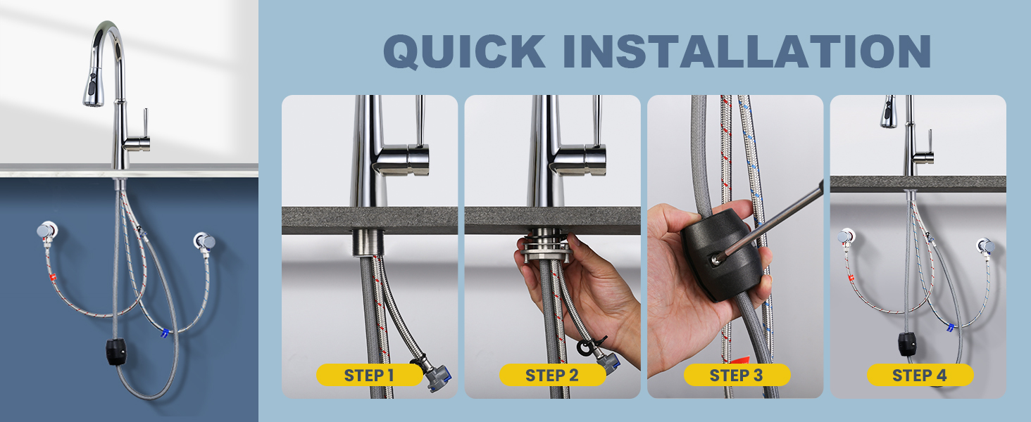 Змішувач кухонний iVIGA висувний з дощувачем, водоспад, 360° поворот, 3 режими, брашований нікель