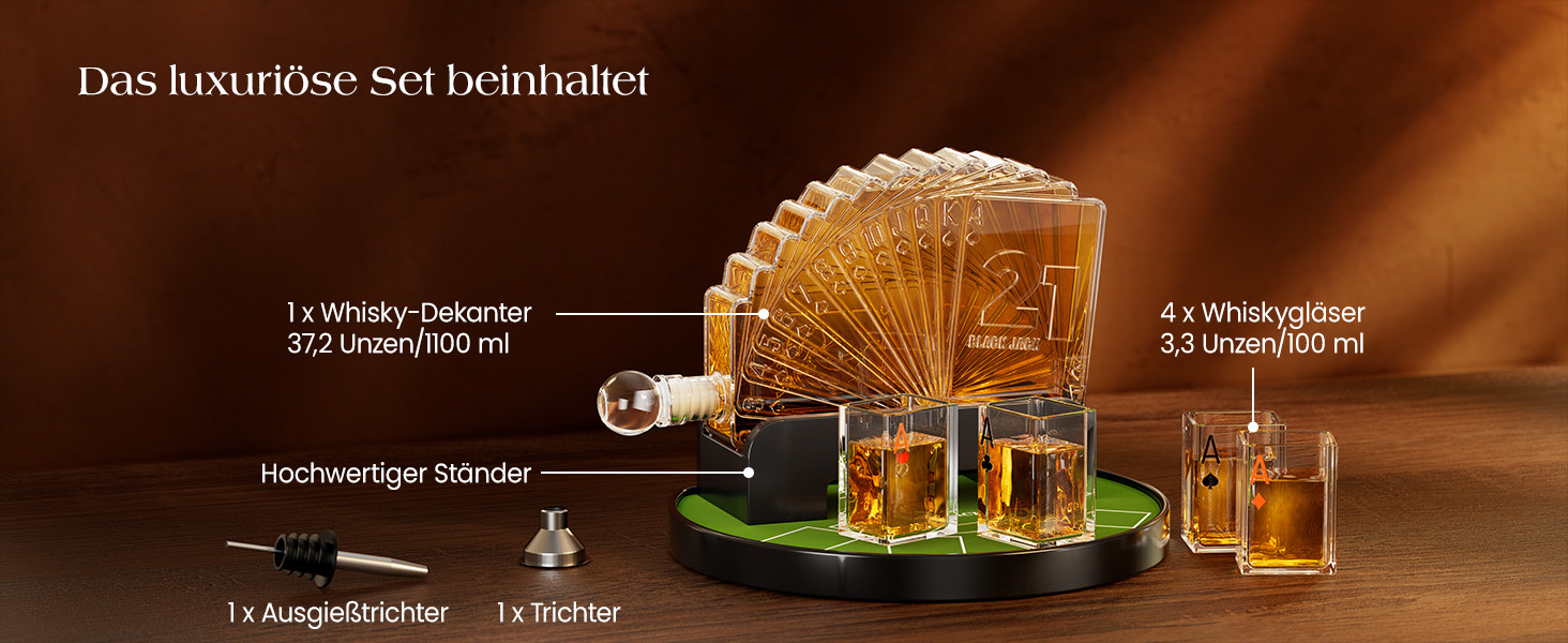 Набір для віскі Kollea Blackjack: Декантер 37,2 Oz та 4 келихи, стиль Казино, подарунок для чоловіків