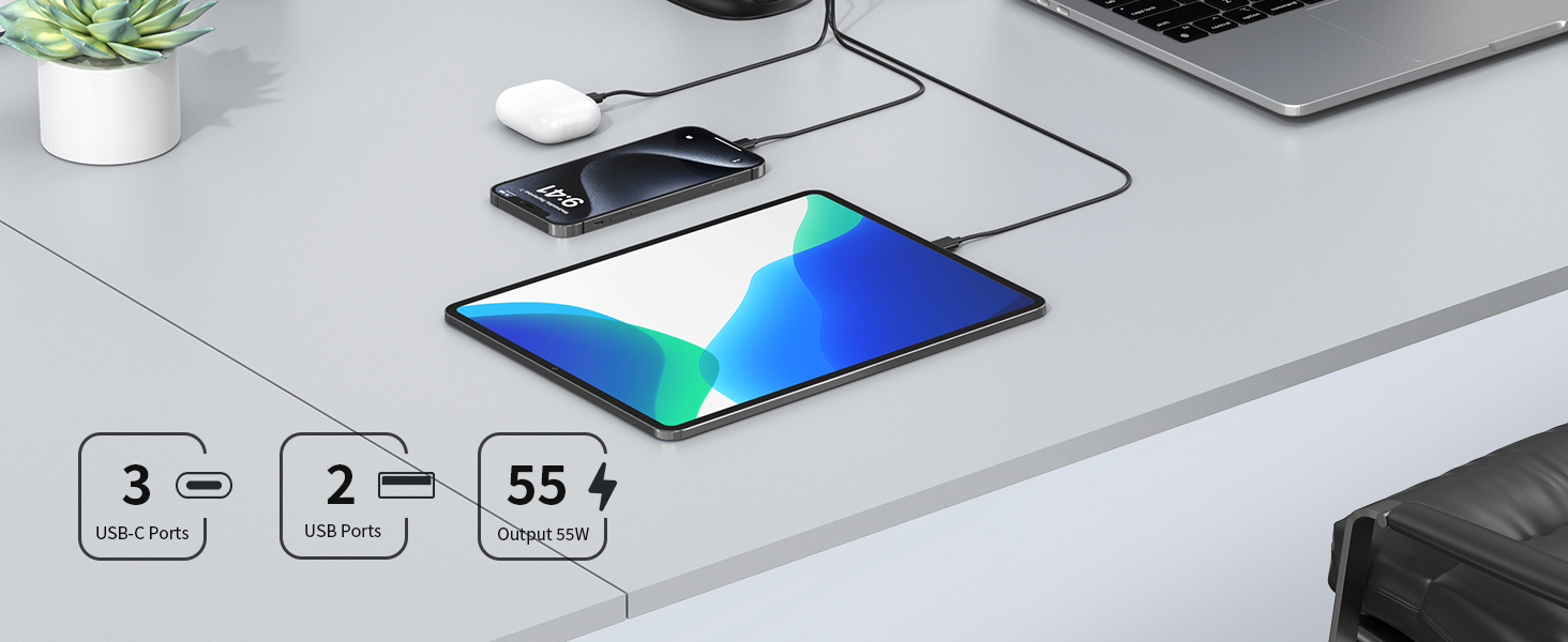 Зарядний пристрій USB-C 55W багатопортовий для iPhone, iPad, Samsung та інших пристроїв - Вежа USB-станція з 5 портами