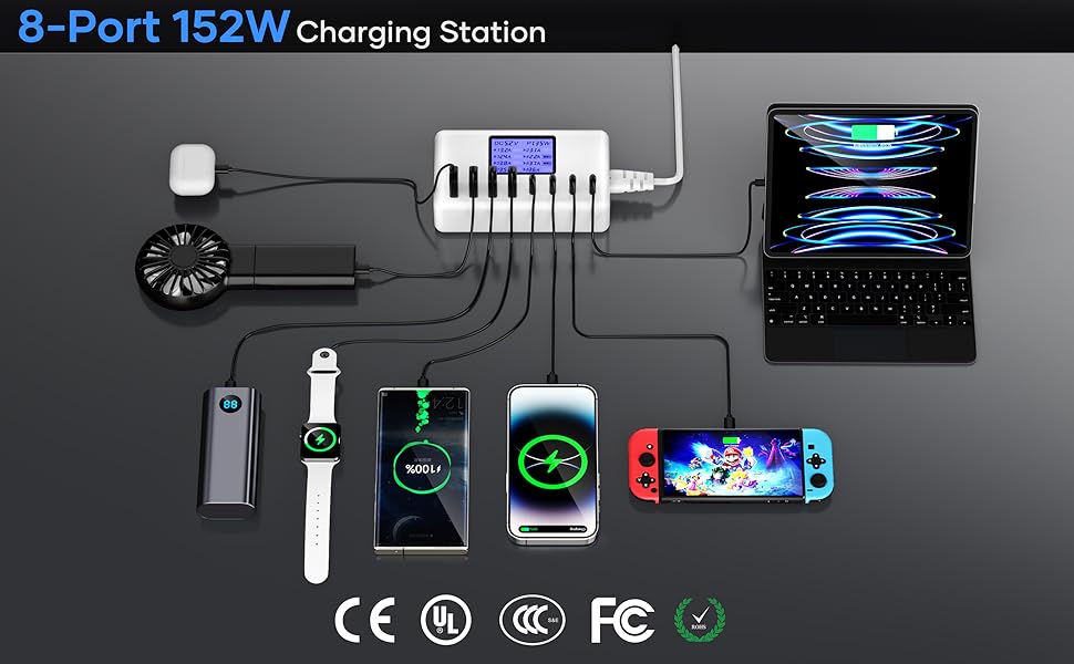 Зарядний пристрій USB-C 152W з LCD дисплеєм, 4x USB-A, 4x USB-C, швидка зарядка для iPhone 16, iPad, Samsung та інших пристроїв - Чорний