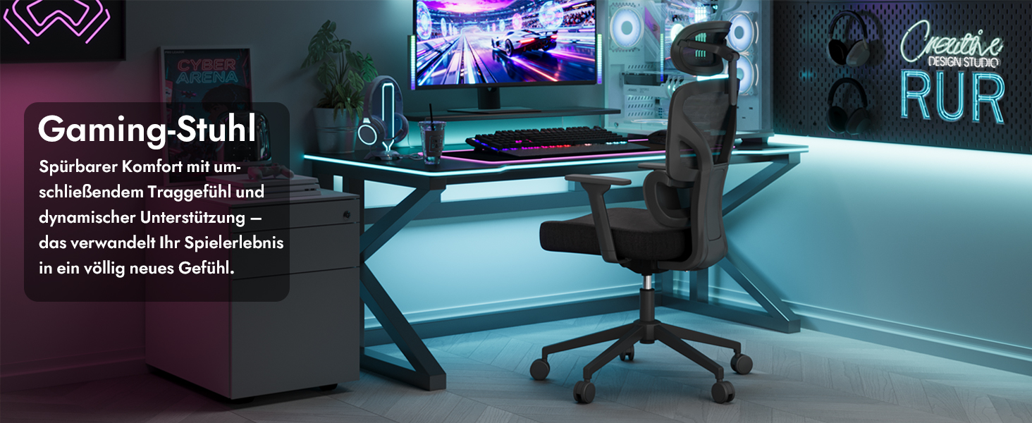 Ергономічне крісло для офісу та геймінгу з регульованою підголівником та 3D підлокітниками, підтримкою попереку, чорне