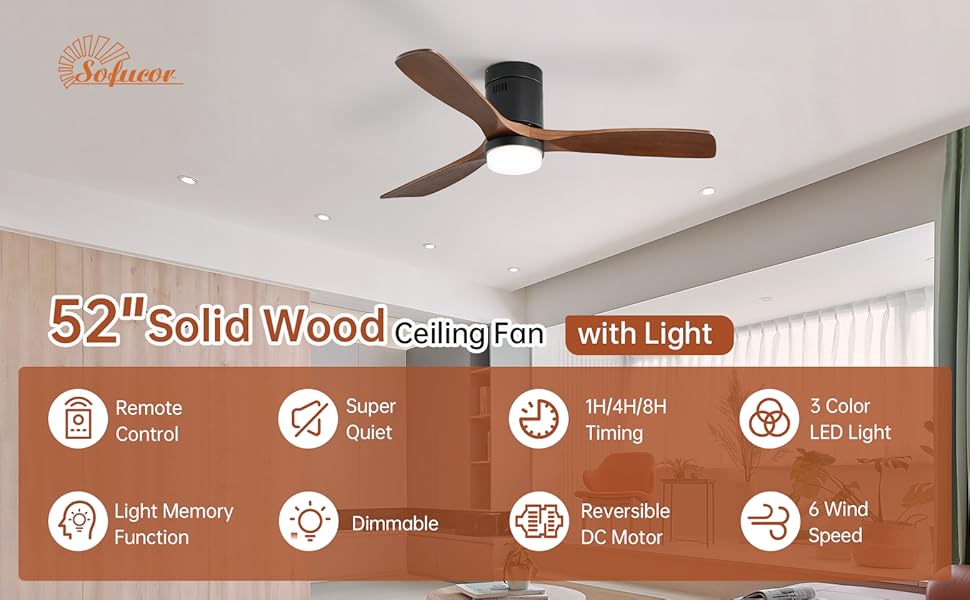 Стеляний вентилятор Sofucor з підсвічуванням, дистанційним керуванням, 3 лопатями з дерева, DC, таймер, 3 колірні температури, 6 швидкостей, режим літо/зима, з підсвічуванням та кріпленням Light+Flush, темне дерево