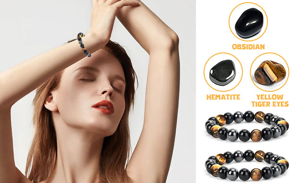 Браслет з тигровим оком, чорним турмаліном, обсидіаном та гематитом. Захисний браслет для чоловіків та жінок. Подарунок для друзів, чоловіка, батька (еластичний)