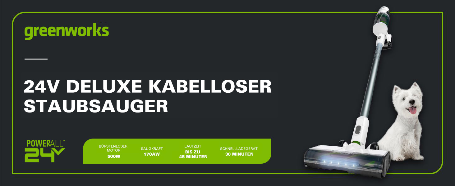 Акумуляторний пилосос Greenworks GD24SV 5-в-1 без акумулятора та зарядного пристрою, 500W, Hepa-фільтр, насадка для шерсті тварин, 3 режими потужності, 45 хвилин роботи