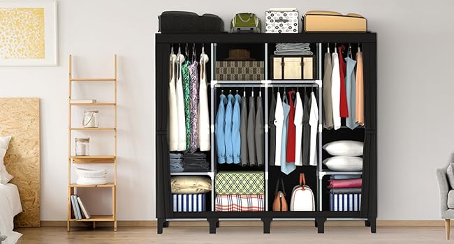 Тканинна шафа LOEFME 170x175x45 см для спальні, чорна, з 2 рейками для вішалок