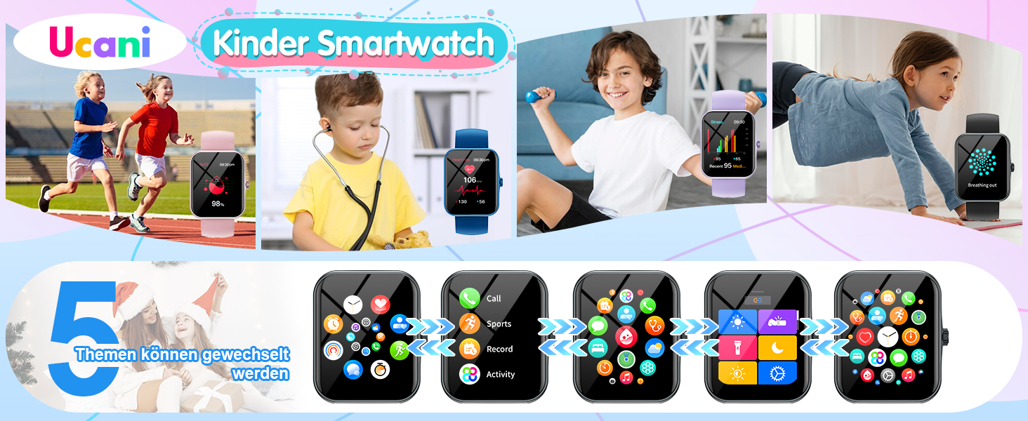 Дитячий розумний годинник Kinder Sport Fitness для дівчаток та хлопчиків з крокомером, 100+ спортивних режимів, будильником, іграми, секундоміром, повідомленнями, активним трекером для підлітків 5-16 років, чорний