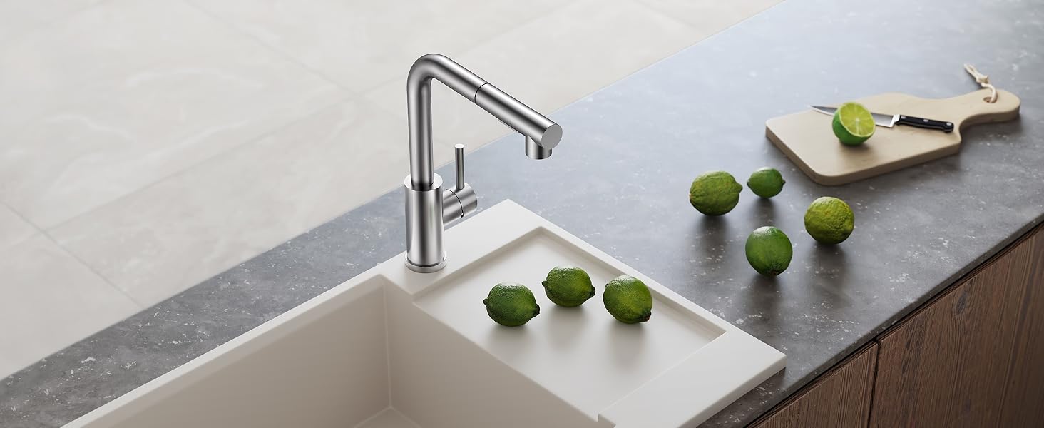 Змішувач кухонний FORIOUS висувний з душем, шланговий, нержавіюча сталь, 360° обертання, 2 режими, L-подібний