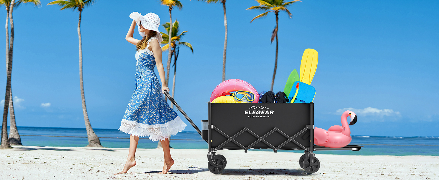 Візок пляжний Elegear складний 140л, вантажопідйомність 150кг, з гальмами, 2 тримачі для напоїв, 2 бічні кишені, чорний - для саду, пляжу, кемпінгу