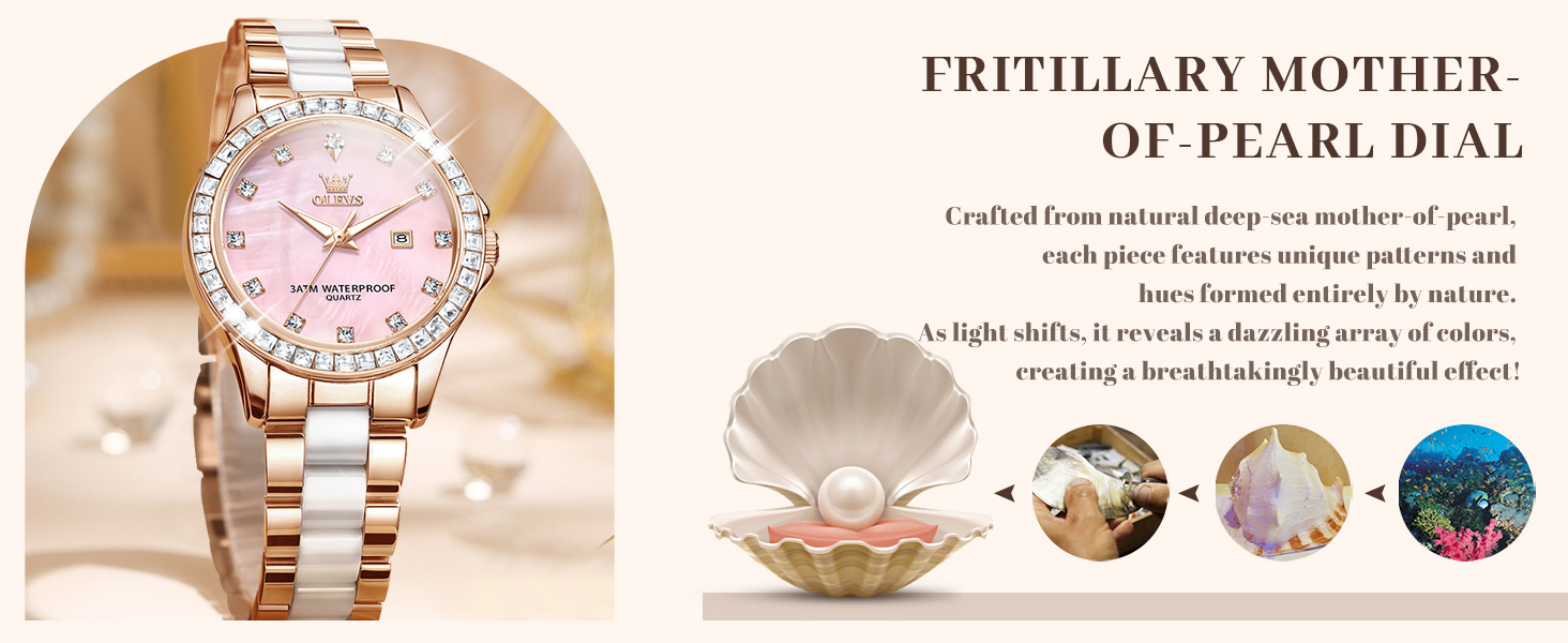 Годинник жіночий OLEVS з діамантами, елегантний, розкішний, на рожевому ремінці з керамічним склом (3651 Roségold)