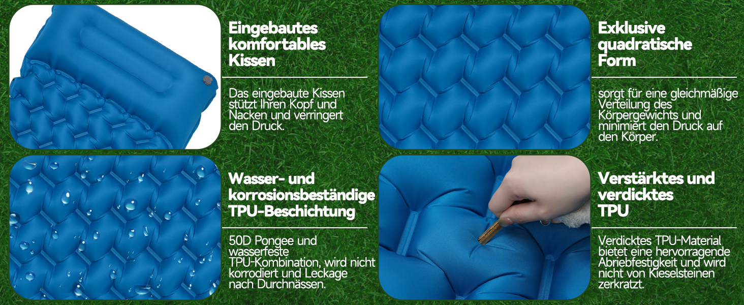 Надувний килимок для кемпінгу Isomatte 9 см, 200x68 см, з подушкою, водонепроникний, синій - для туризму, пляжу, намету