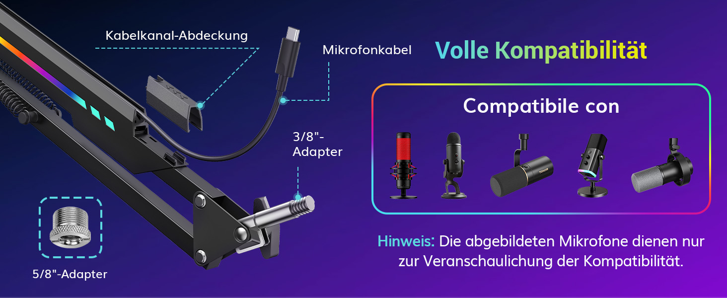 Кріплення для мікрофона TONOR T90 з RGB підсвічуванням, регульоване через APP, 11 режимів світла, сумісне з усіма мікрофонами
