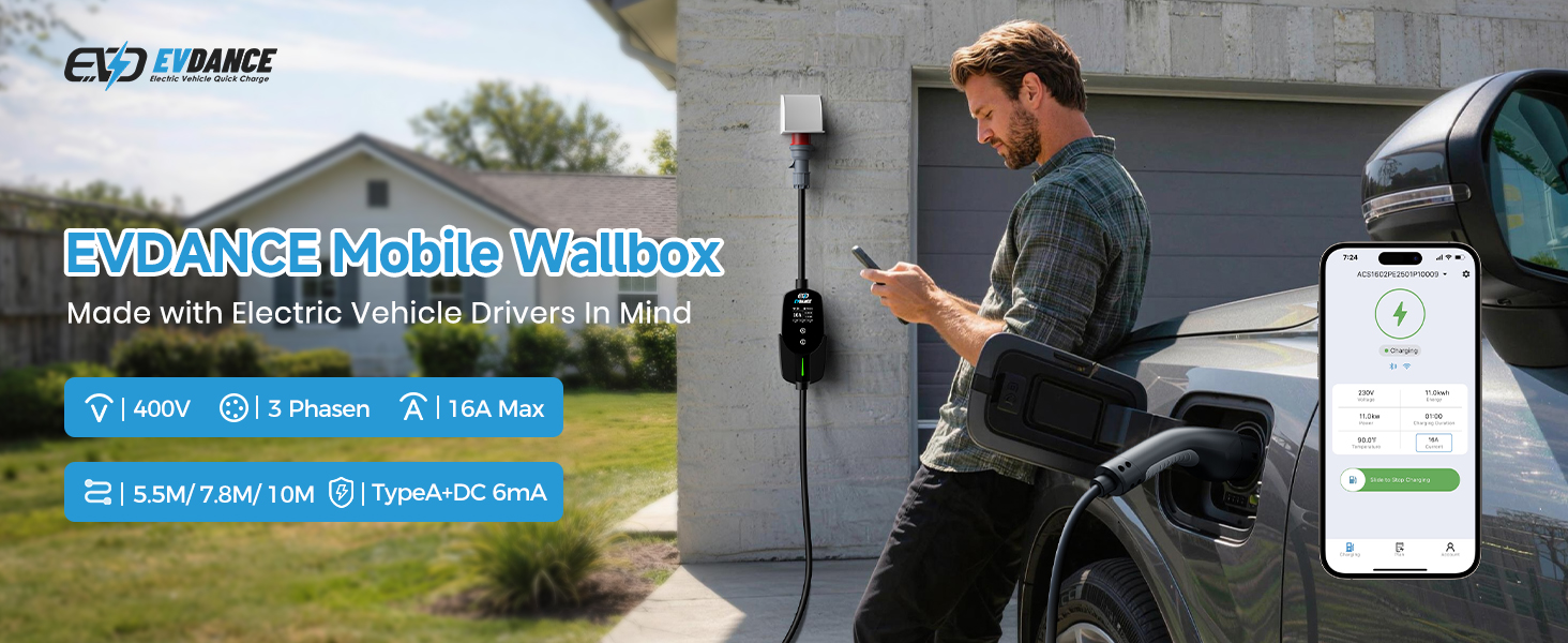 Мобільна зарядна станція EVDANCE Wallbox 11кВт для електромобілів та гібридів з керуванням через додаток, кабель 10м