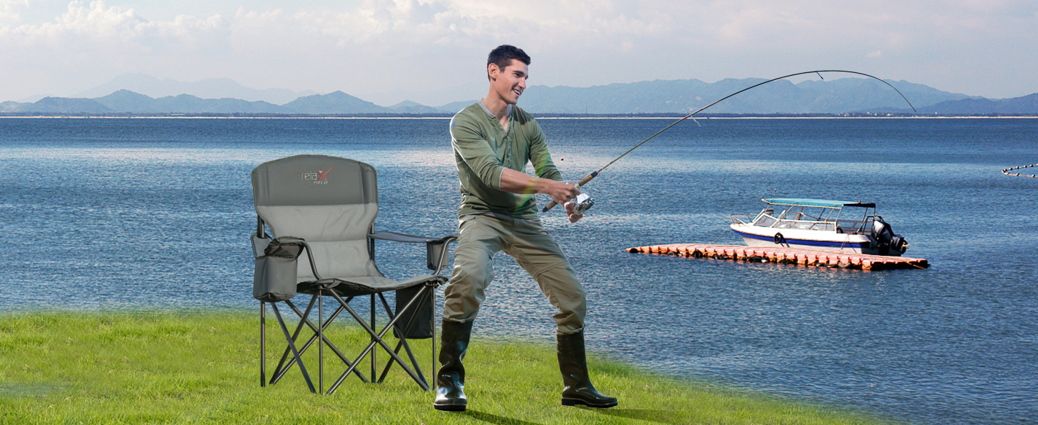 Розкладний стілець для кемпінгу RELAX FIELD 200KG з підстаканником та сумкою-холодильником, рибальський стілець, сірий (2 шт)