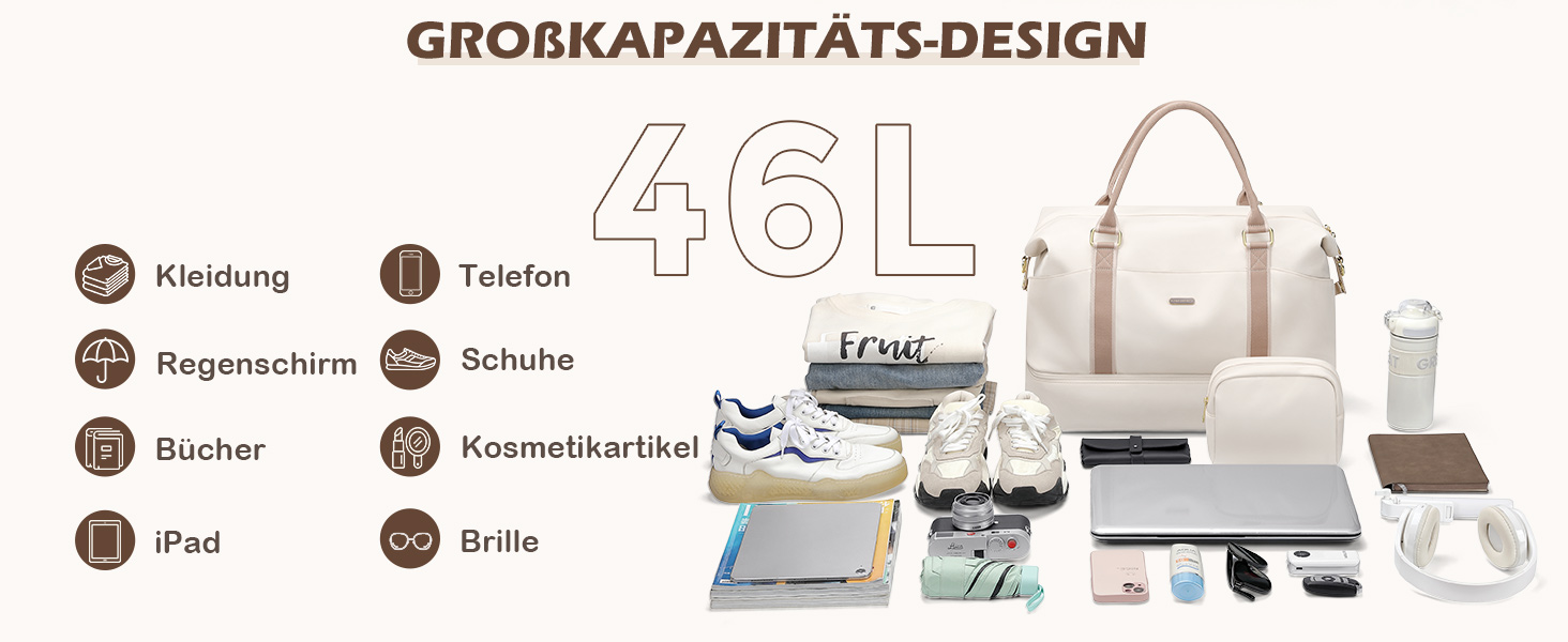Велика дорожня сумка жіноча 46L Weekender з косметичкою, відділенням для взуття та мокрого одягу, для подорожей літаком (Кремовий)