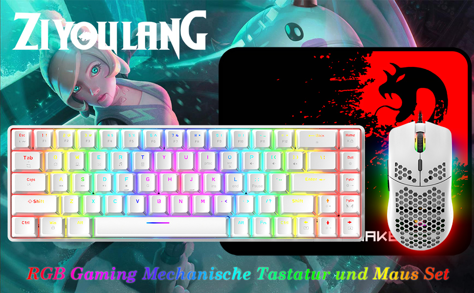 Ігровий комплект клавіатури та миші RGB, 68 клавіш, Red Switch, 60% механічна клавіатура, миша 6400DPI, USB-кабель, сумісна з Windows, Mac, PS4, білий колір