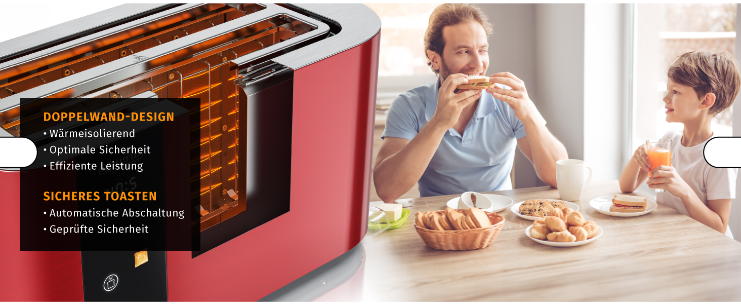 Тостер Arendo з нержавіючої сталі, 4-х секційний, з широкими слотами, сенсорний дисплей, подвійні стінки, 1500 Вт, підставка для булочок, 6 рівнів підсмажування, центрування хліба, індикатор часу, функція пам'яті (червоний)