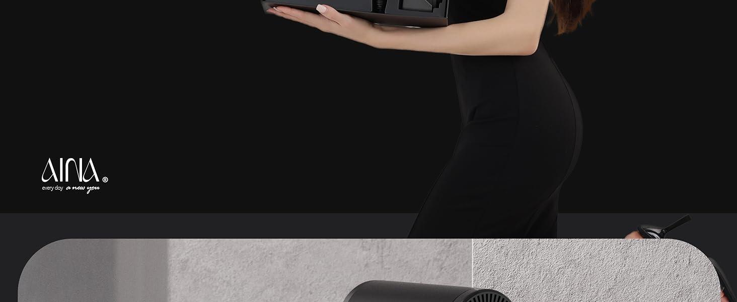 Професійний фен для волосся AINA 2300W з дифузором, іонізацією та LED-дисплеєм, 4 насадки (чорний)