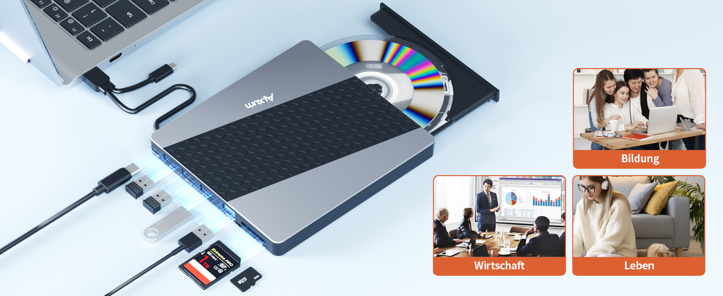 Зовнішній USB 3.0 CD/DVD-записувач Alxum з картридером SD/TF та додатковим USB-портом, Plug & Play для Windows, Linux, Mac OS, T039A