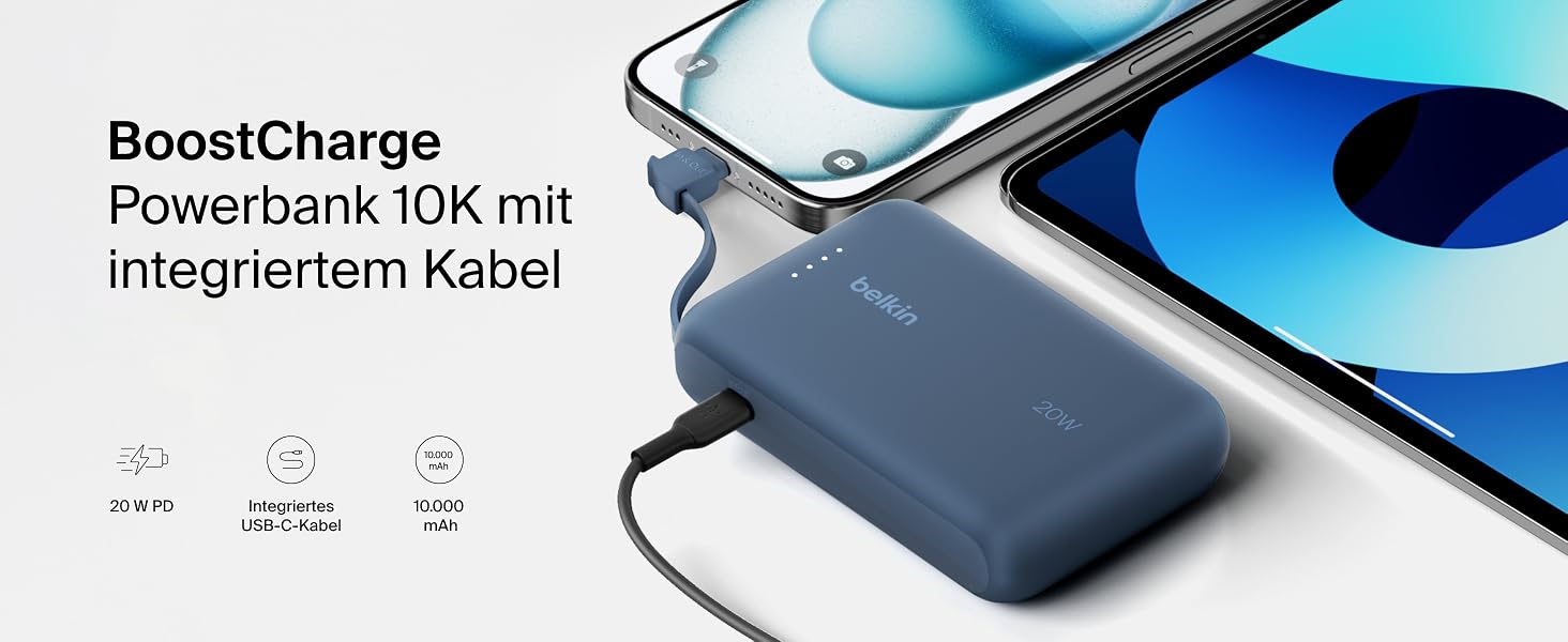 Повербанк Belkin BoostCharge 10000mAh з вбудованим кабелем USB-C, 20W, LED-індикатором, синій
