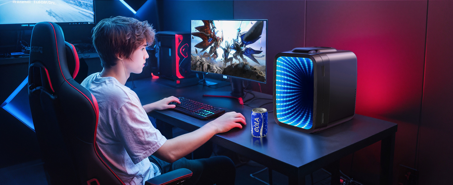 Міні холодильник MF01C з 7 режимами підсвічування та ефектом миготливої вивіски, тиха функція охолодження/підігріву, AC/DC, 4L/6 банок, для ігрової кімнати, спальні, офісу та авто, чорний