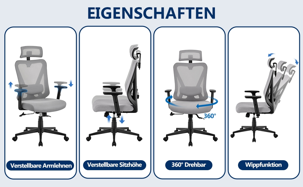 Крісло офісне Yaheetech ергономічне з регульованою підголівником, підлокітниками та поперековою підтримкою, поворотне, з можливістю нахилу 90°-130°, регульоване по висоті (світло-сірий)