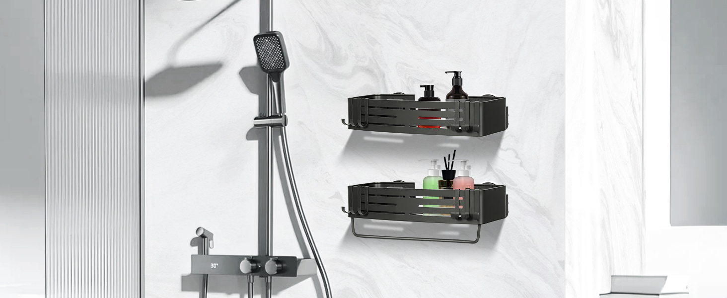 Поличка для душу Lekesky без свердління, кутова, з міцними присосками, алюміній, нержавіюча сталь, знімна, для ванної кімнати, кухні, орендованого житла (2 шт., сірий gunmetal з тримачем для рушників, прямокутна)