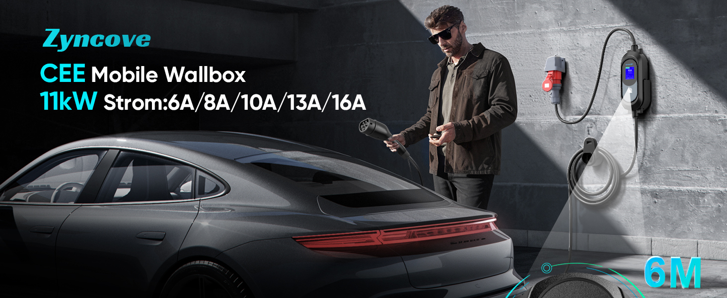Мобільна зарядна станція для електромобіля 11 кВт (3 фази, IP67, 6-16A, 6м) з кабелем CEE 16A на Typ 2. Регульована потужність, CEE-розетка. Комплект: сумка + кріплення на стіну