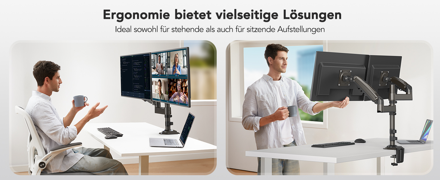 Кріплення для монітора HUANUO - 2 монітори, 13-32 дюйми, для геймінгу, регулювання висоти, настінна, VESA 75/100mm