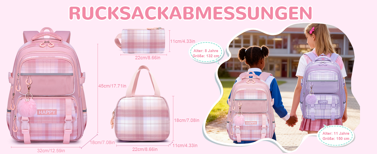 Шкільний рюкзак для дівчинки з візерунком, дихаючий та водовідштовхуючий рюкзак для 1-5 класів (рюкзак для дітей + ізольована ланч-торбинка + пенал, Рожевий)