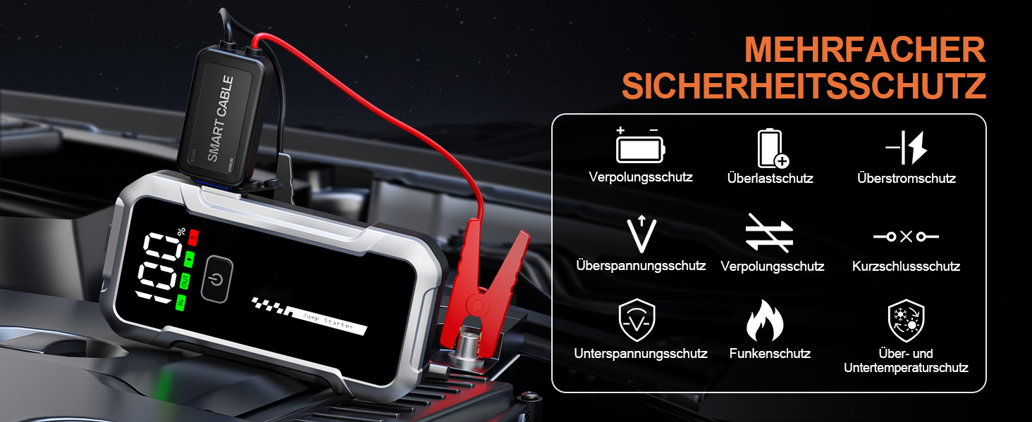Портативний акумулятор Starthilfe для автомобіля 7000A: Запуск 12V авто, SUV, мотоцикла, газонокосарки. LED дисплей, чорний