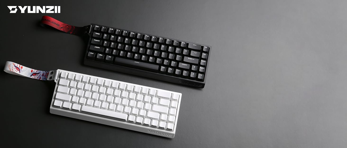 Механічна ігрова клавіатура YUNZII MADLIONS MAD68 з провідним підключенням, 60% розмір, Hall Effect перемикачі, регульована чутливість, PBT клавіші, RGB підсвічування, 8K polling rate (біла, перемикач Magnetic Amber Pro)