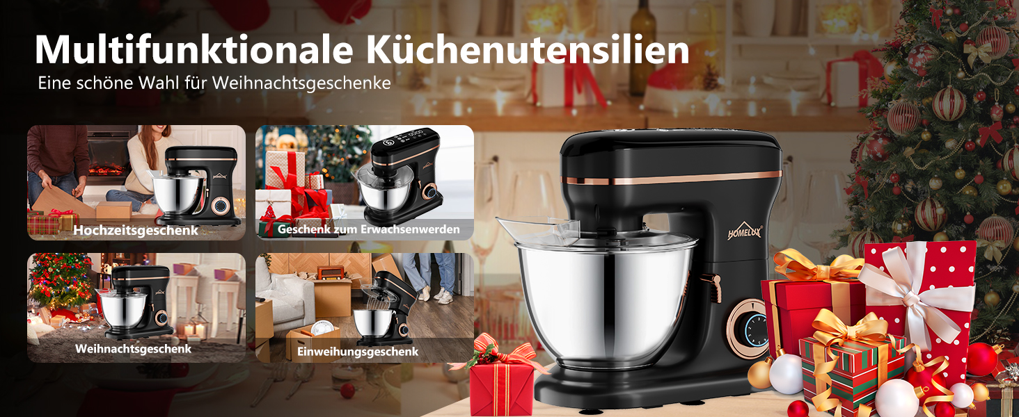 Кухонна машина HOMELUX 1800W з чашею 8 л з нержавіючої сталі, 6 швидкостей, LED-дисплей, насадки для замішування, збивання та нарізки, сіра