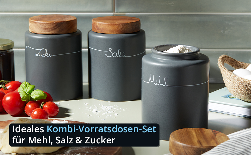 Набір контейнерів для зберігання KHG для кухні антрацитово-сірого кольору з дерев'яними кришками, контейнери для продуктів з кераміки, з маркуванням, набір органайзерів для кухні, без пластику та світлонепроникні (набір для борошна, солі, цукру)