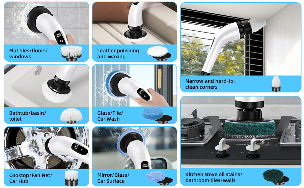 Електрична щітка для чищення Spin Scrubber бездротова з 8 змінними насадками, регульована ручка, для ванної, авто, кухні, плитки, підлоги