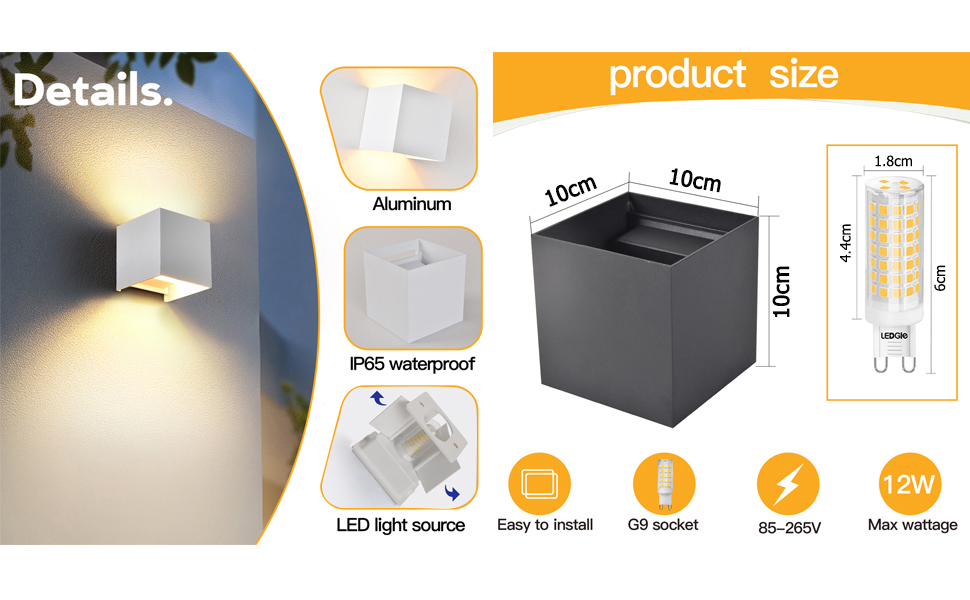 LED-водостійка настінна лампа FUPE 15W для внутрішнього та зовнішнього використання. Регульований кут світла, 3 кольори, IP65, алюміній, квадратна, чорна. Комплект 1
