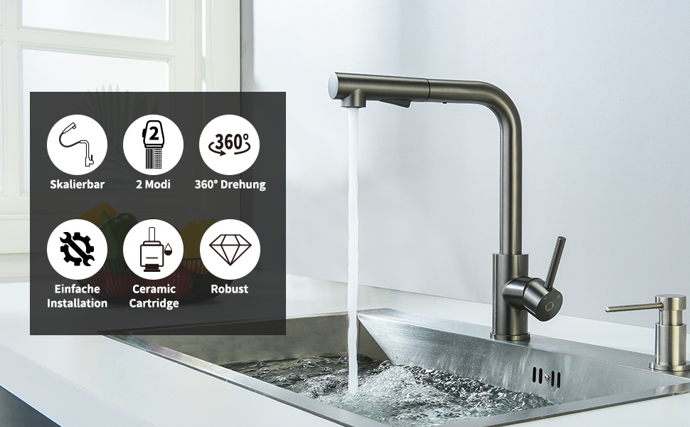 Змішувач кухонний висувний CECIPA з душем, нержавіюча сталь, 2 режими, 360° обертання, високий тиск, щіткова сталь (грашко-чорний)