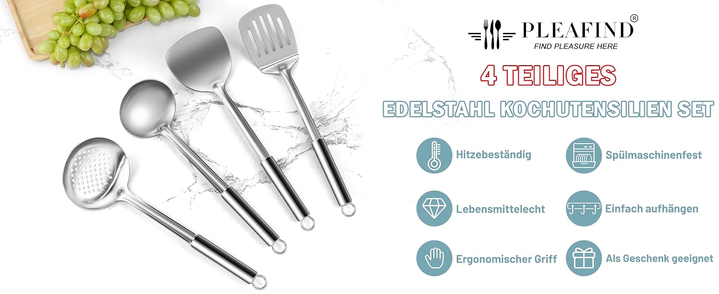 Набір кухонного приладдя Pleafind 4 шт. з нержавіючої сталі (304) - ложка, шумовка, лопатка, ложка для супу