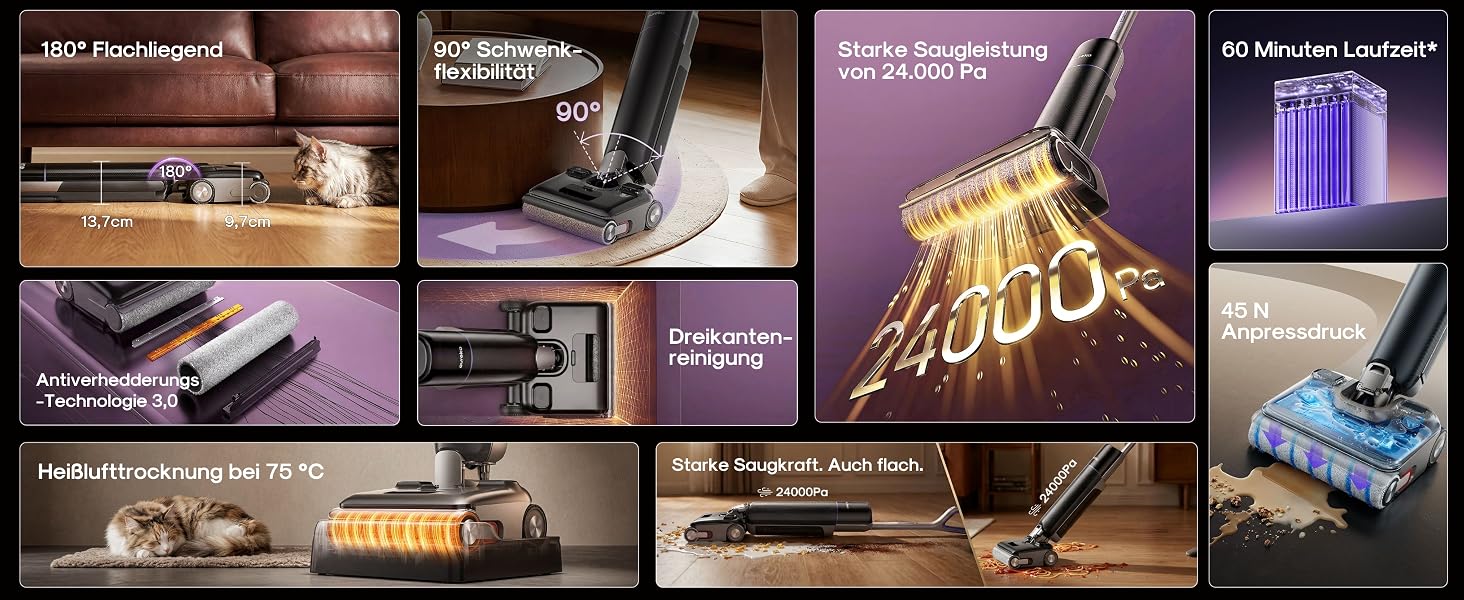 Акумуляторний миючий пилосос EUREKA FloorShine 830 для твердих підлог, 24000 Па, з функцією самоочищення та сушіння гарячим повітрям 75°C, Anti-Tangle 3.0, 60 хв роботи