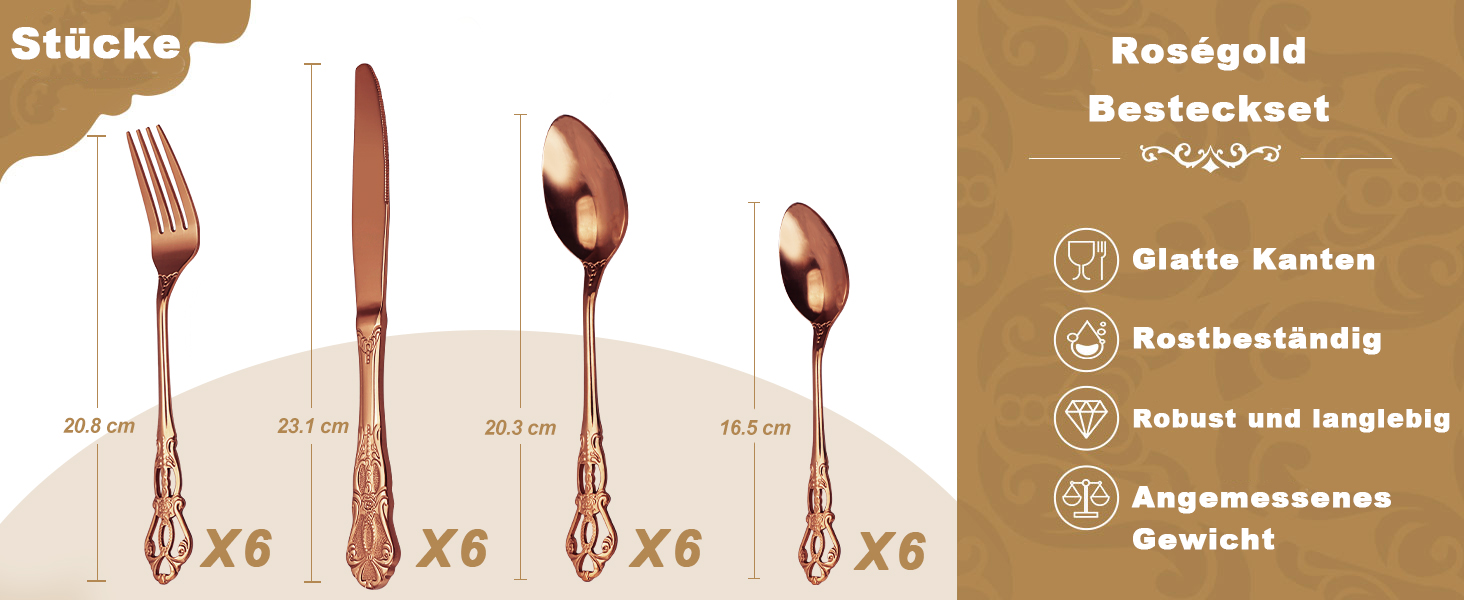 Набір столових приборів Retro на 6 осіб з нержавіючої сталі (рожеве золото, 24 предмети) - вишуканий сервіз в античному бароковому стилі: виделки, ложки, ножі