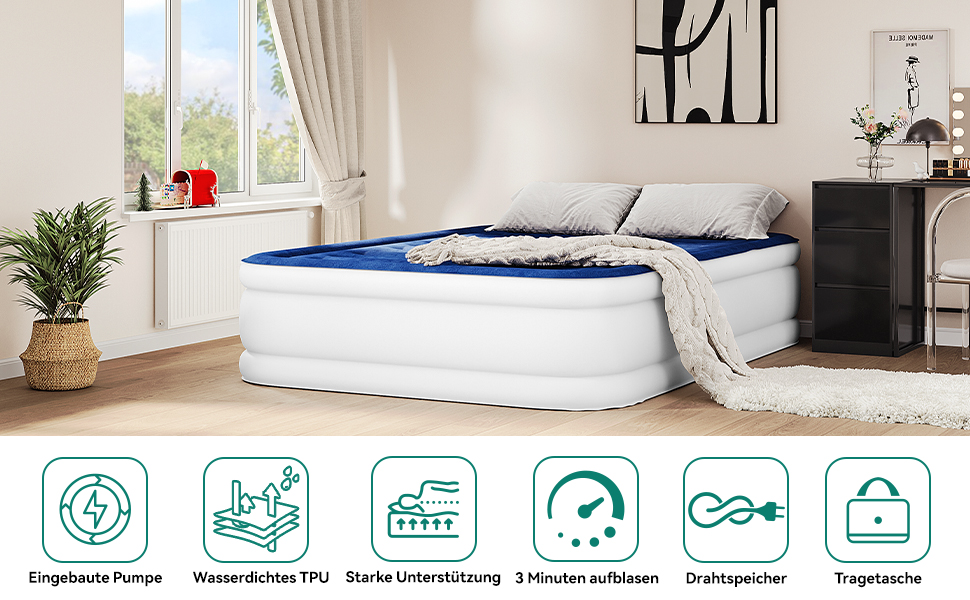 Надувний матрац YITAHOME 2x1,5м з електричною помпою, самонадувний, для 2 осіб, білий/блакитний