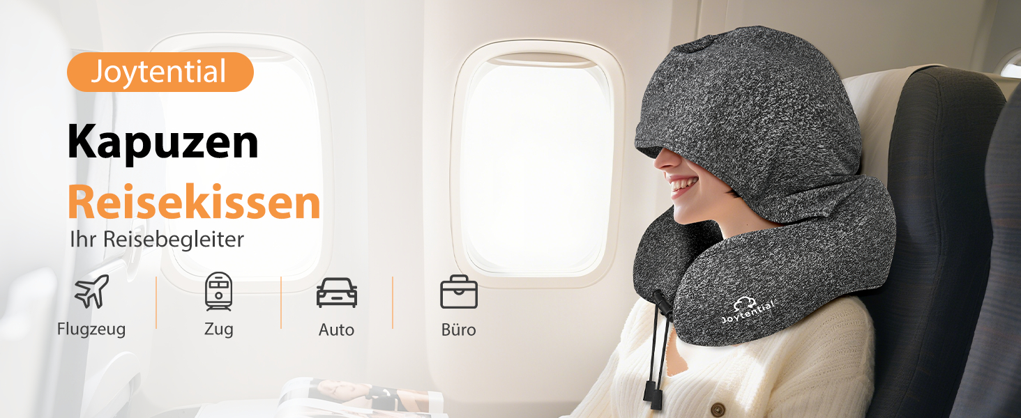 Подушка для шиї в літак з капюшоном, Memory Foam, регульована, для дорослих, авто, офіс (сіра)