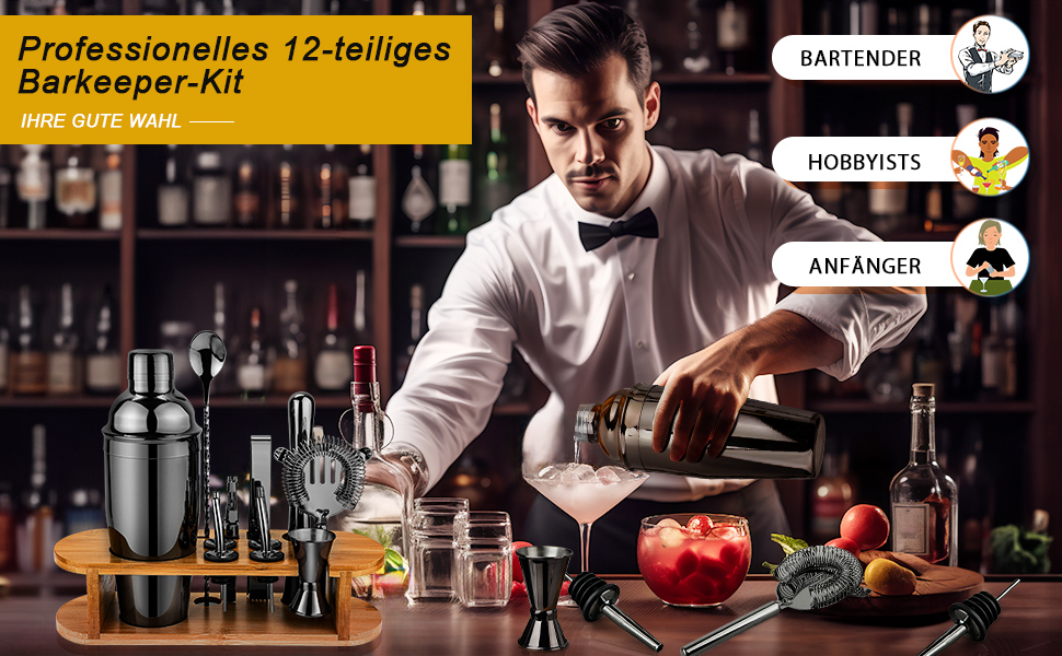 Набір шейкерів для коктейлів з підставкою, професійний, 12 предметів, нержавіюча сталь, для дому, чорний