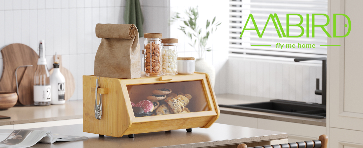AMBIRD Бак для хліба з бамбука 20л - велика місткість з прозорими акриловими дверцятами - двошарове зберігання з вентиляцією та боковими ручками - зберігає хліб свіжим та організовує кухонний простір (CBBNA001EUAM13)