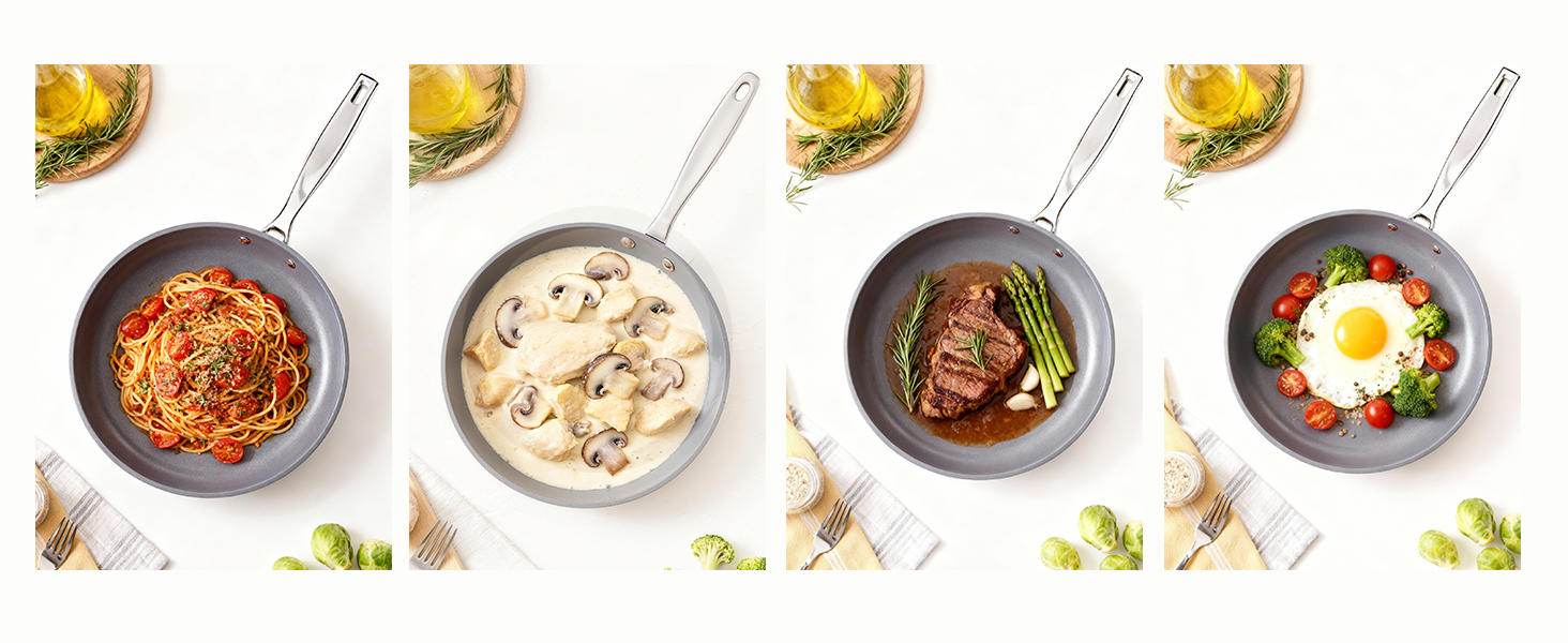 Набір сковорідок Koch Kode з керамічним покриттям 20/24/28 см, з нержавіючою ручкою, для індукційних плит, без PTFE та PFOA, придатні для миття в посудомийній машині та випікання, бежевий