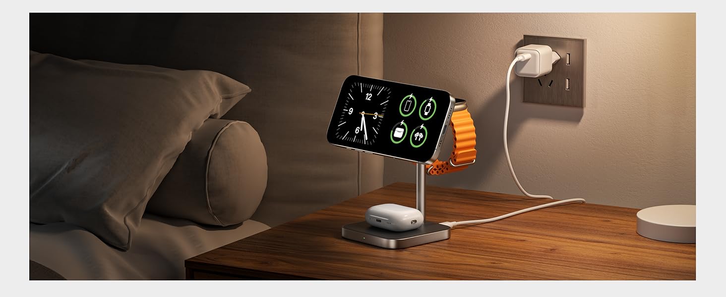 Станція зарядки LULULOOK Qi2 MagSafe 3 в 1 з алюмінію для Apple Watch та iPhone з підтримкою швидкої зарядки 15W (для iPhone 17 Pro Max/17 Pro/17 Air/17) та 5W (для Apple Watch Ultra, AirPods), титан